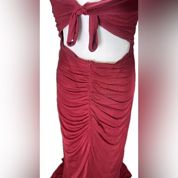 Firfig Wine Red Square Neck Ruched Maxi Dress Slit Floor Length Black Tie Large - Picture 7 of 11